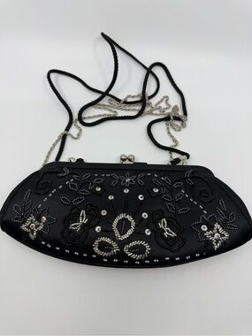 Black Beaded Evening Clutch with Chain or cord Strap